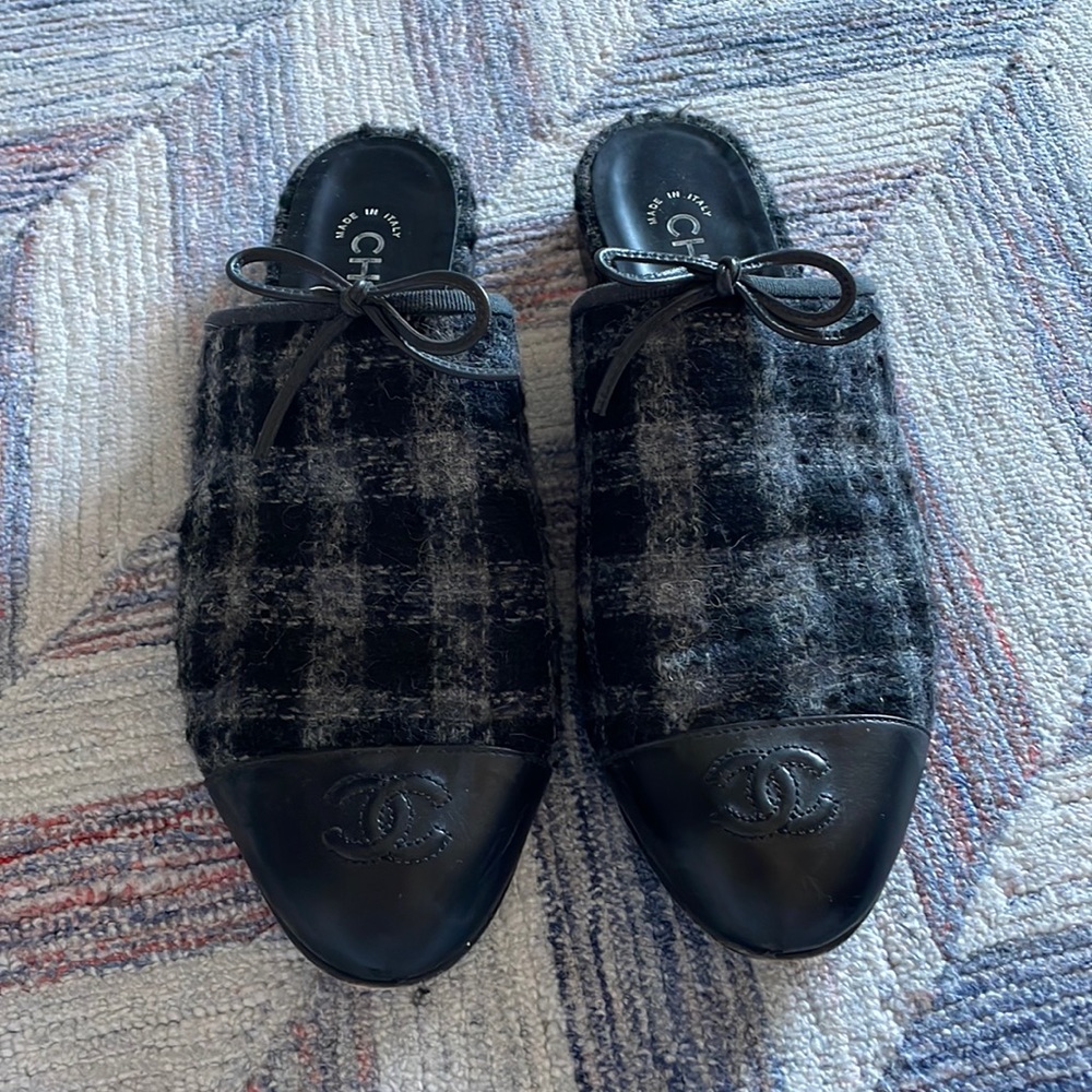 Chanel tweed mules.